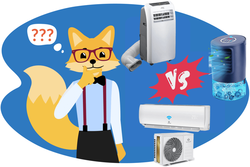 Eine Split Klimaanlage steht neben einer mobilen Klimaanlage (Monoblock) und einem Luftkühler beim Experten Smart-Home-Fox im direkten Test und Vergleich.